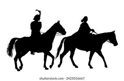 Medieval princess riding horse with prince vector silhouette illustration isolated. Girl in cloak ride horse. Woman man couple enjoy countryside riding. Noble aristocratic lady and knight horseback.