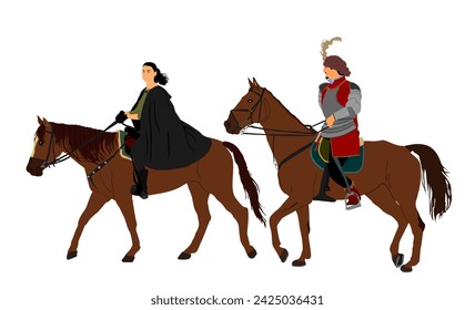 Medieval princess riding horse with prince vector illustration isolated on white. Girl in cloak ride horse. Woman and man couple enjoy countryside riding. Noble aristocratic lady and knight horseback.