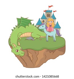 Medieval princess unicorn and dragon of fairytale design vector illustration