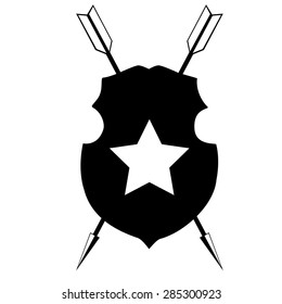 Medieval protection symbol. Shield wit star and crossed arrows silhouette vector illustration