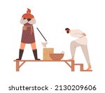 Medieval punishment. Executioner beheading guilty man with axe. Torturer punishing person in Middle ages. Punisher, Jack Ketch. Flat vector illustration isolated on white background