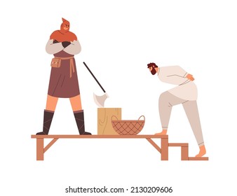 Medieval punishment. Executioner beheading guilty man with axe. Torturer punishing person in Middle ages. Punisher, Jack Ketch. Flat vector illustration isolated on white background