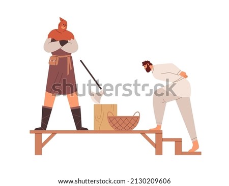 Medieval punishment. Executioner beheading guilty man with axe. Torturer punishing person in Middle ages. Punisher, Jack Ketch. Flat vector illustration isolated on white background