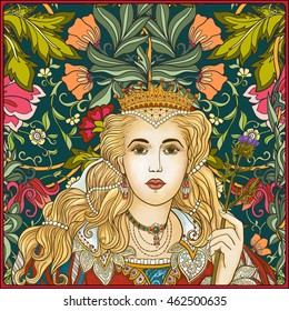 Medieval Queen on floral background. Vector illustration. 