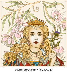 Medieval Queen on floral background. Vector illustration. 