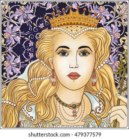 Medieval Queen on floral background. Vector illustration. 