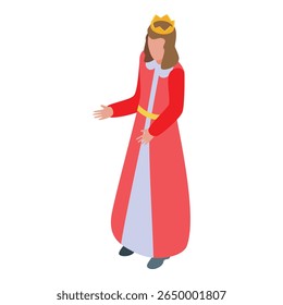 Rainha medieval usando coroa e vestido vermelho fazendo um discurso