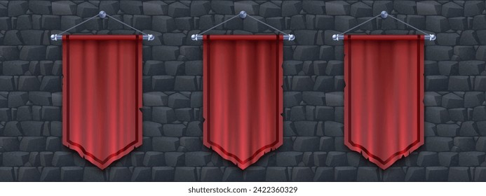 Medieval red cloth banners set isolated on stone background. Vector realistic illustration of silk flags with torn edges hanging on old castle wall, blank frame space for royal sign, vertical pennant