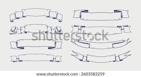 Medieval Ribbon Banners and Rolls. Set of Parchment rolls, blank scrolls and paper banners, antique manuscript or vintage papyrus, isolated on white background. Vector illustration.