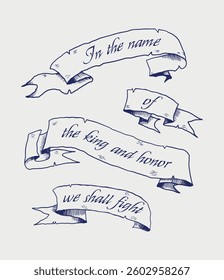 Medieval Ribbon Quote In the Name of the King and Honor We Shall Fight. Hand Drawn Curled Scrolls with Calligraphic Text. Vector Flat Graphic Illustration Isolated on White Background