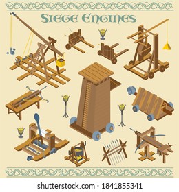 Medieval And Roman Siege Engines And War Machines Battle In Isometric Vector Illustration