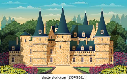 Medieval romantic old chateau with garden, flowering shrubs and trees. Flat design. Vintage Poster. All objects are grouped by layers. 