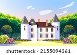 Medieval romantic old mansion with garden, flowering beds and trees. Handmade drawing vector illustration.