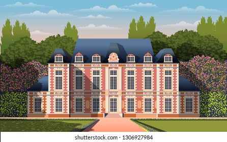 Medieval romantic old mansion with garden, flowering shrubs and trees. Flat design. Vintage Poster. All objects are grouped by layers. 