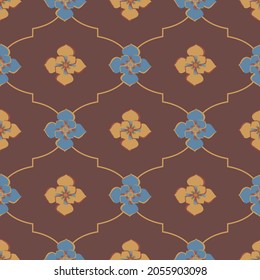 Medieval rose ogee vector pattern background. Azulejo tile style backdrop of hand drawn flowers with geometric gridlines in ochre orange red blue. Deocrative moorish design. Arabesque repeat.