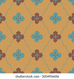 Medieval rose roman ogee vector pattern background. Azulejo tile style backdrop of hand drawn flowers with geometric gridlines in ochre orange red blue. Deocrative moorish design. Arabesque repeat.