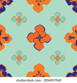 Medieval rose vector pattern seamless background. Azulejo tile style neon orange blue indigo backdrop of hand drawn flowers with blended stripes. Geometric deocrative design. Arabesque repeat