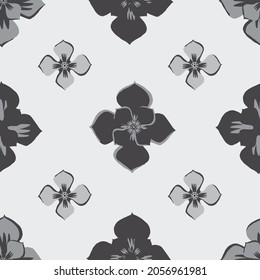 Medieval rose vector pattern seamless background. Azulejo tile style grey, black, white backdrop of hand drawn stylized flower motifs. Geometric deocrative design. Historical style all over print.