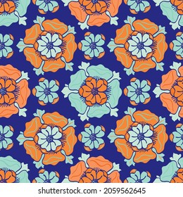 Medieval rose vector pattern seamless background. Azulejo tile style backdrop of hand drawn flower motifs. Neon indigo orange blue color.Geometric botanical decorative design. Arabesque floral repeat