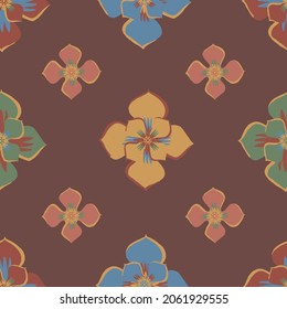 Medieval rose vector pattern seamless background. Azulejo tile style brown, orange, green, blue backdrop of hand drawn stylized flower motifs. Geometric deocrative design. Historical style repeat.