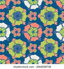 Medieval rose vector pattern seamless background. Azulejo tile style backdrop of hand drawn flower motifs. Blue red green white color. Geometric botanical decorative design. Arabesque floral repeat