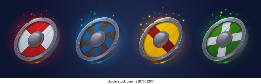 Medieval round shields icons for game design. Vector cartoon set of ancient circle wooden shields with steel frame for viking, knight and warrior armor isolated on background