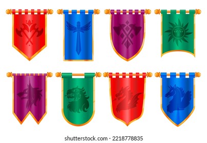 Medieval royal banner. Classical victorian flags with ancient knight pennant heraldic emblem, cartoon regal flagstaff for UI game app design. Vector set. Old cloth with sword, axe and wolf symbols