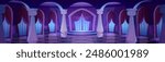Medieval royal castle ballroom interior with columns and curtains on arch shape windows at night. Cartoon vector luxury king palace hall room for dance. Dark empty vintage inside architecture.