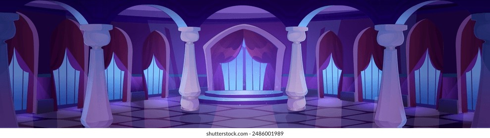 Interior medieval de salón de baile del castillo real con columnas y cortinas en ventanas en forma de arco por la noche. Vector de dibujos animados de lujo sala del palacio del rey para el baile. Vintage vacío oscuro dentro de la arquitectura.