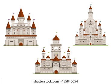 Medieval royal castle or fort, palace or stronghold with towers and archs, gates and flags on spires. Cartoon flat style buildings isolated on white for fairytale, history or childish books design