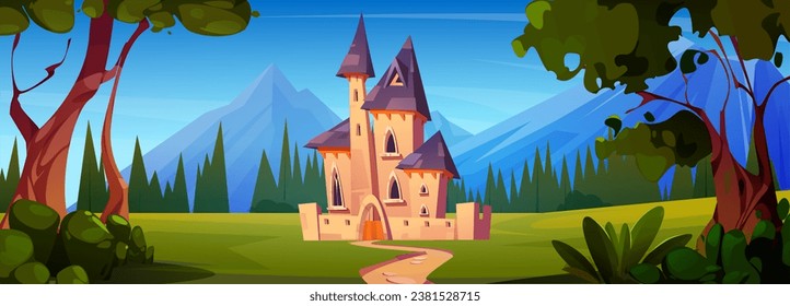 Medieval royal castle surrounded by forest with trees and rocky mountains. Cartoon vector landscape with fairytale king and princess palace with towers and gates. Pathway to dream kingdom house.