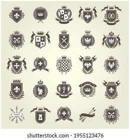 Medieval royal coat of arms, knight emblems, heraldic shield crest and blazons set, vector