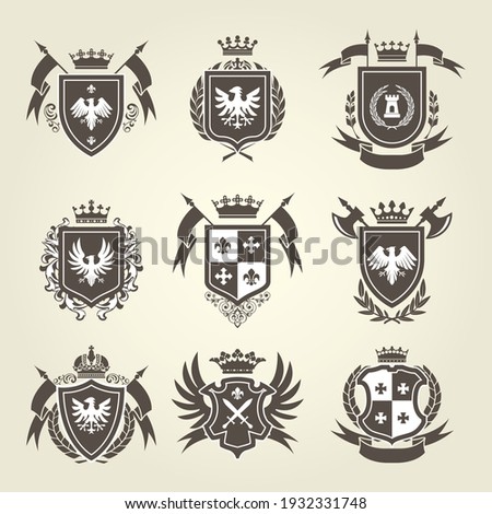 Medieval royal coat of arms and knight emblems - heraldic shield crest