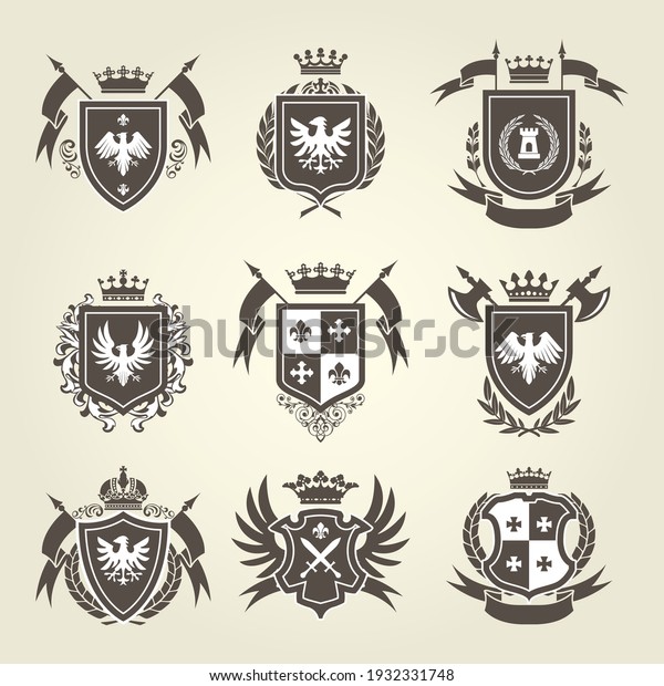 Medieval royal coat of arms and knight emblems -\
heraldic shield crest
