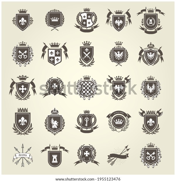 Medieval royal coat of arms, knight\
emblems, heraldic shield crest and blazons set,\
vector