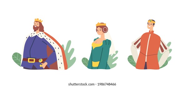 Medieval Royal Family Members King, Queen with Prince or Princess in Costumes, Isolated Ancient Historical Kingdom Persons or Fairy Tale Fantasy Characters. Cartoon People Vector Illustration