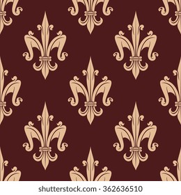 Medieval royal fleur-de-lis seamless pattern with french beige floral ornament over dark brown background. Luxury wallpaper, tile, interior or textile design usage