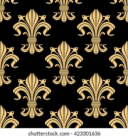 Medieval royal golden fleur-de-lis pattern on black background with seamless french heraldic ornament of victorian floral compositions. Use as vintage interior design or monarchy concept