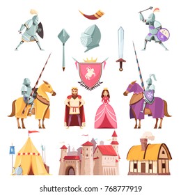 Medieval royal heraldry cartoon icons set with castle riders in armor tournament king knight princess isolated vector illustration 