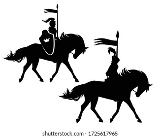 medieval royal knight riding horse - fairy tale hero horseman black and white vector silhouette