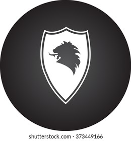 Medieval royal lion shield with two swords simple icon on colorful round background