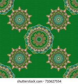 Medieval royal pattern. Decorative symmetry arabesque. Blue and pink seamless pattern good for greeting card for birthday, invitation or banner. Vector illustration.