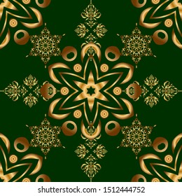 Medieval royal pattern. Golden and green seamless pattern good for greeting card for birthday, invitation or banner. Vector illustration. Decorative symmetry arabesque.