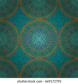 Medieval royal pattern. Green and orange seamless pattern good for greeting card for birthday, invitation or banner. Vector illustration. Decorative symmetry arabesque.