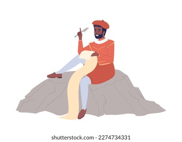 Escritura de poeta real medieval con carácter vectorial de color semiplano. Figura editable. Persona de cuerpo entero sobre blanco. Ilustración puntual simple de estilo de dibujos animados para diseño gráfico web y animación