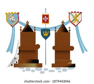 Medieval royal thrones background. Middle Ages emperor and royalty elements vector illustration. Historical traditional wooden furniture with herald shields on white background.