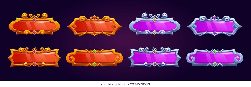 Medieval rpg game ui button frame. Isolated gold silver metal border in red and purple. Evolution title border element for menu design interface. Rectangle royal panel bar set with gem.