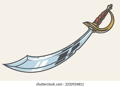 Medieval saber vintage colorful element with wooden handle with battle scratches designed for fighting enemies vector illustration