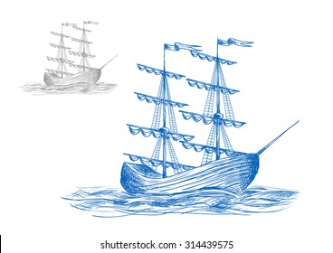 Medieval sail ship in ocean waves, for travel or adventure themes design