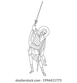 Hombre santo-guerrero medieval sosteniendo una espada. Carácter masculino cristiano ortodoxo. Silueta lineal blanca y negra.
